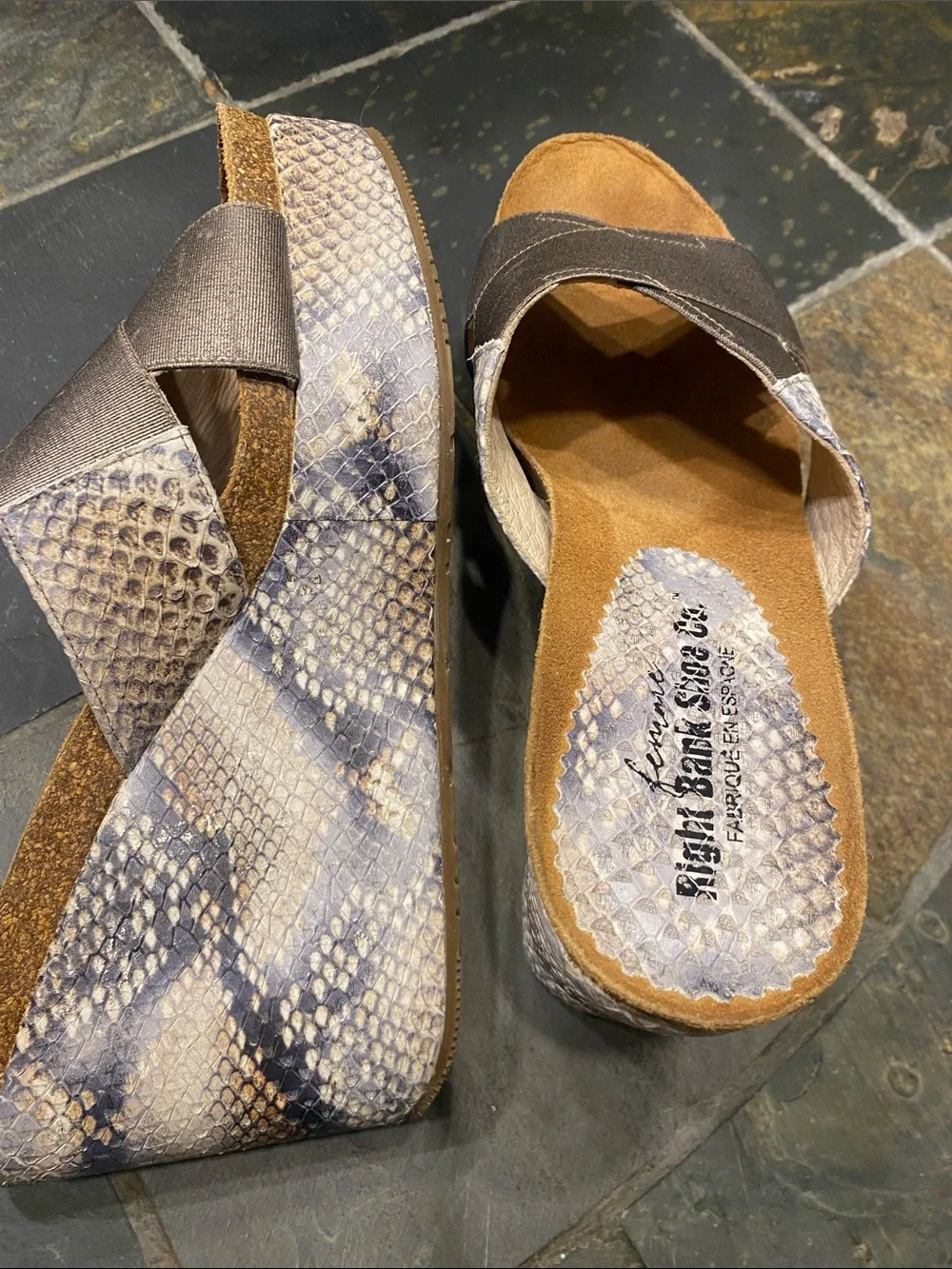 Wide Crisscross Wedge Sandals in Brown w/Snakeskin Detailing